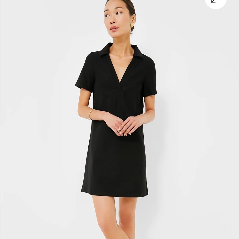 TUCKERNUCK Noir Ponte Wright Polo Dress Mini Black Vneck Sz M NEW - Picture 1 of 13